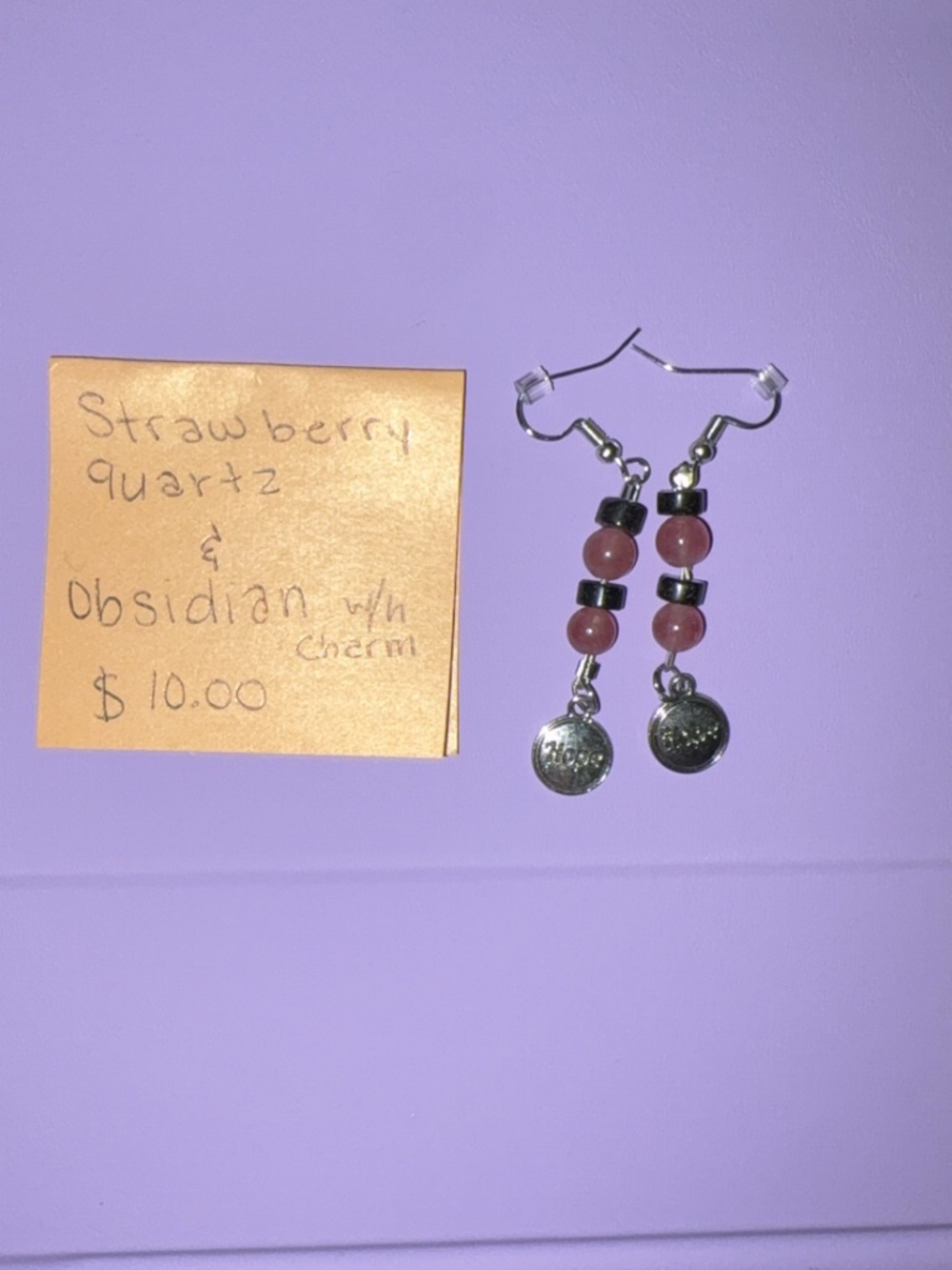 Handmade Strawberry Quartz & Obsidian Dangle Earrings with “Hope” charm